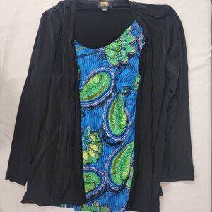 Lori Michaels Women's Twofer Black Overshirt Blue Green Print Partial Tank Sz 2X